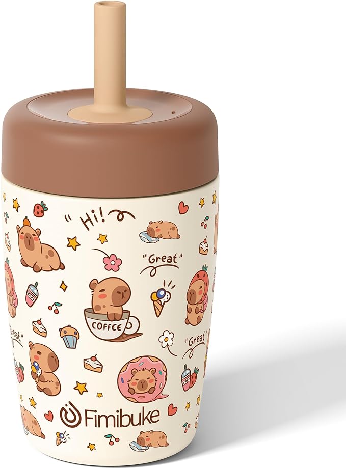 Fimibuke Kids & Toddler Cups Spill Proof, 12 OZ Capybara Insulated Sippy Cups for Toddlers Boys Girls, Toddler Straw Tumbler, Stainless Steel Kids Water Bottle with Twist Lids & Silicone Straw, 1 Pack