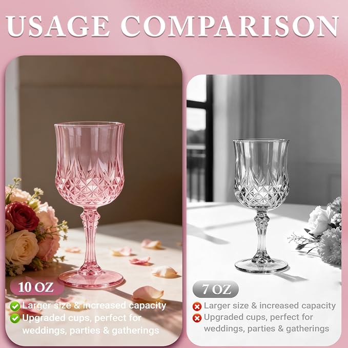 30 Pack Plastic Wine Glasses,10oz Unbreakable Vintage Style Goblets,Reusable Crystal Like Drinking Glass for Wedding Reception, Party Supplies (Pink)