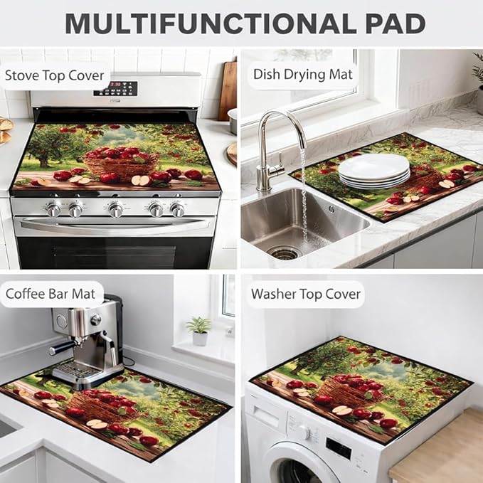 Stove Top Cover for Electric Stove 28.35 x 20.47 Inch Non Slip Stove Mat Apple Orchard Basket Glass Cooktop Protector Kitchen Counter Mat