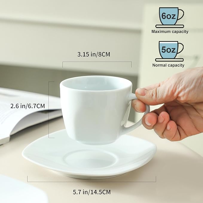 6.5 Ounce Porcelain Espresso Cups and Saucers Set of 6, Ceramic Cappuccino Demitasse Mugs Square Stackable Coffee Cup with Saucer Set for Coffee Drink, Espresso, Latte, Cafe Mocha and Tea Party, White