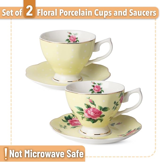 BTaT- Floral Tea Cups and Saucers, Set of 2, 8 oz, Fine Porcelain Teacup Set with Gold Trim for Afternoon Tea, Weddings, Parties & Gifting, Dishwasher Safe, Lightweight, Non-Toxic