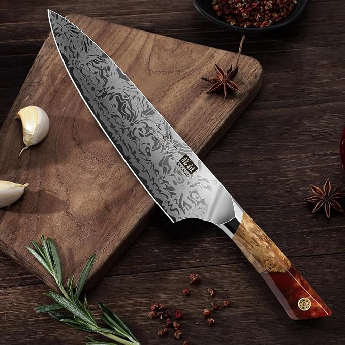 SHAN ZU Damascus Chef Knife, SG2 Powder Steel Japanese Kitchen Knife, 8 in Hand Forged 91 Layers Damascus Steel Ultra Sharp Knife with Ergonomic Maple Handle