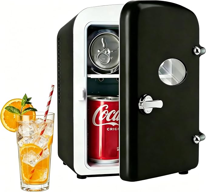 Simple Deluxe 6L/9 Can Mini Fridge with Observation Window, Portable Cooler & Warmer Freon-Free Small Refrigerator, Compact for Skincare, Beverage, Food, Cosmetics, Black
