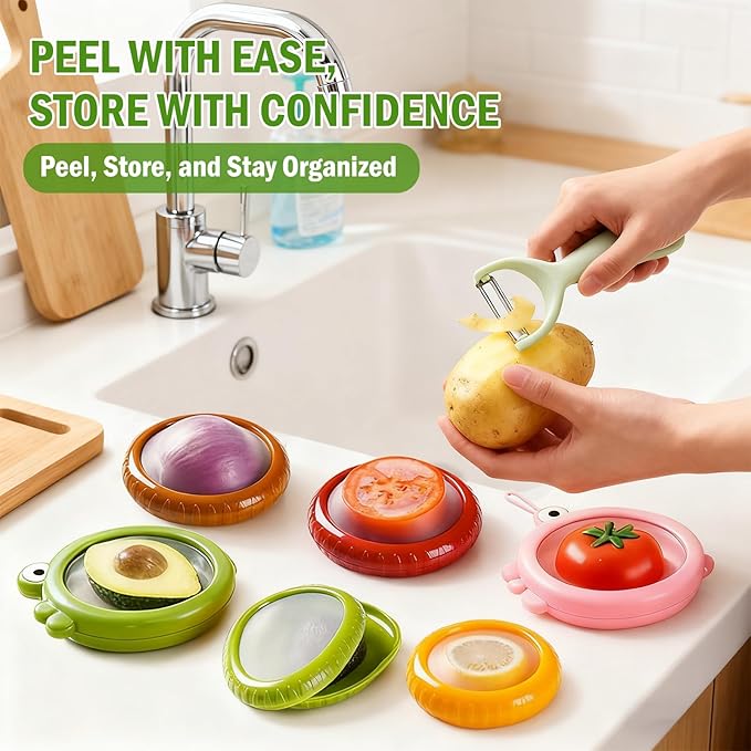 Set of 6 Fresh Food Containers with 1 Fruit Peeler, Fresh Pod, Reusable Silicone Storage Pods for Avocado, Onions, Tomatoes, Garlic – Freshness Seal for Fridge, Send Goods from Local Warehouse