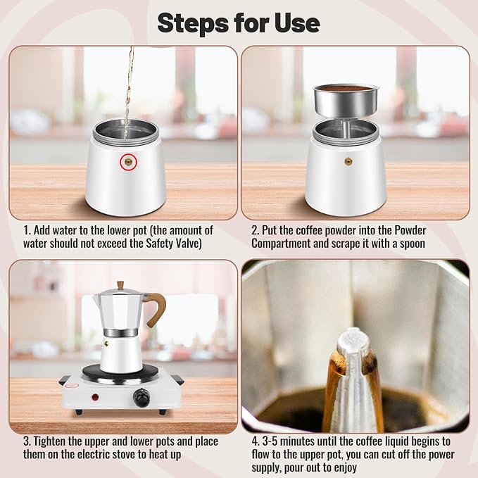 6 Cup Aluminum Moka Pot Classic Stovetop Espresso Coffee Maker 300ml 10oz Coffeemaker Percolator Mocha Express Preferred Cafe Makers for Italian and Cuban Café Brewing White