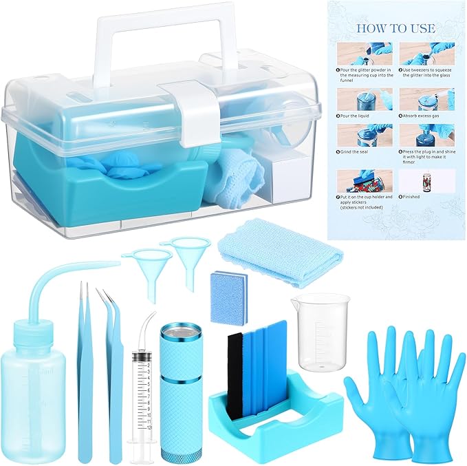 LemonRoad 15 Pcs Snow Globe DIY Tumbler Tool Kit Include Storage Box Squeeze Bottle Funnel Silicone Cup Cradle Measuring Cup Flashlight for Beginner Making Supplies Thanksgiving Day Gifts(Blue)