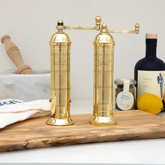 Alexander Home The Original Greek Salt Mill 8 Inch Tall | European Salt Mill Grinder with Crank Handle | Manual Salt Grinder | Salt Refillable - Brass
