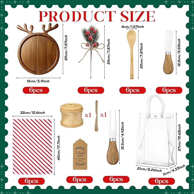Potchen 6 Set Christmas Kitchen Gifts Wood Cheese Board Fork Spoon Butter Spreaders Dish Cloth Thank You Card Ribbon and Gift Bags for Merry Christmas Cooking Serving Xmas Utensils Gifts (Reindeer)
