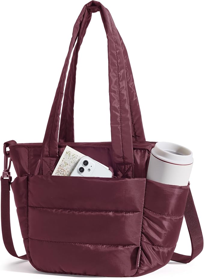 BAGSMART Lunch Bag Women Small Insulated Tote with Lunch Compartment Quilted Lightweight Puffy Tote Bag for Work, Travel, Outdoor, Cherry Red