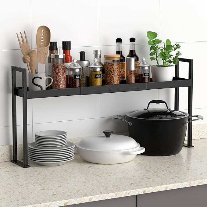 BOIVSHI Stove Top Shelf, Kitchen Over Shelf for Stove, Stove Spice Rack for Top, Adjustable 27-33inch, Fits Various Stove Lengths, Kitchen Spice Organizer, Condiments and BBQ Sauces, Black