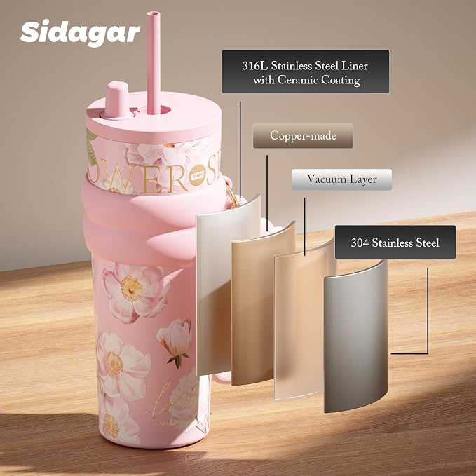 24 oz Stainless Steel Tumbler with Lid and Straw, Insulated Coffee Mug, Leak Proof, Portable Iced Travel Water Bottle, Reusable Thermal Coffee Cup, Floral Pink