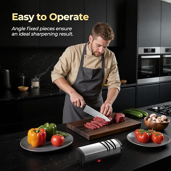 Narcissus Knife Sharpener, Protable Diamond Electric Knife Sharpener for Stainless Steel and Ceramic Knives, with Scissors Sharpener & Metal Dust Collection Box, Quick Sharpening & Polishing, Silver