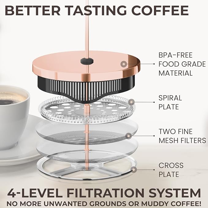 Cafe Du Chateau Stainless Steel French Press Coffee Maker 34 oz - Easy to Use Insulated Coffee Press with 4-Level Filtration, Manual Brewer for Tea, Camping & Travel with BPA Free, Durable Clear Glass