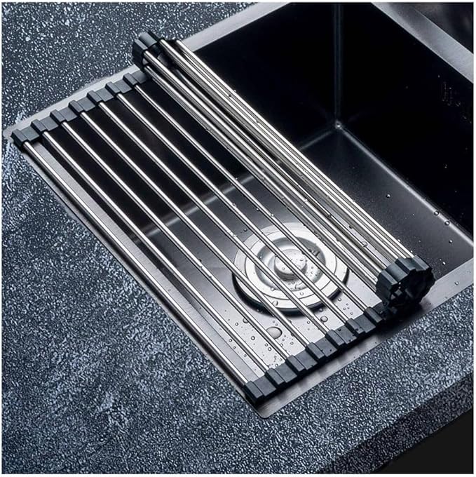 14.6-18.5 Inch Roll Up Dish Drying Rack Over Sink Drying Rack Sink Cover Kitchen Accessories Gadget Multipurpose Organizer Foldable Stainless Steel Drainer(Black,37x35cm/14.6x13.8in)