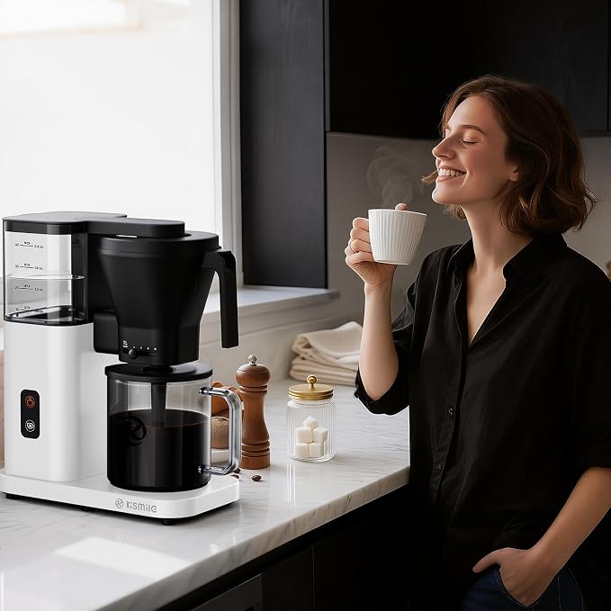 Kismile SCA-Certified 8 Cup Drip Coffee Maker, Pour Over Coffee Machine with 3s Instant Heat 197–205℉, Adjustable Flow Control, Removable Water Tank, Deep Cold Brew & 40 Min Keep Warm (Pearl White)