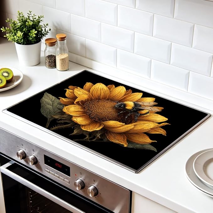 Stove Top Cover for Electric Stove 28.4 x 20.5 Inch Non Slip Stove Mat Oil Proof Sunflower Bee Glass Cooktop Protector Kitchen Counter Mat