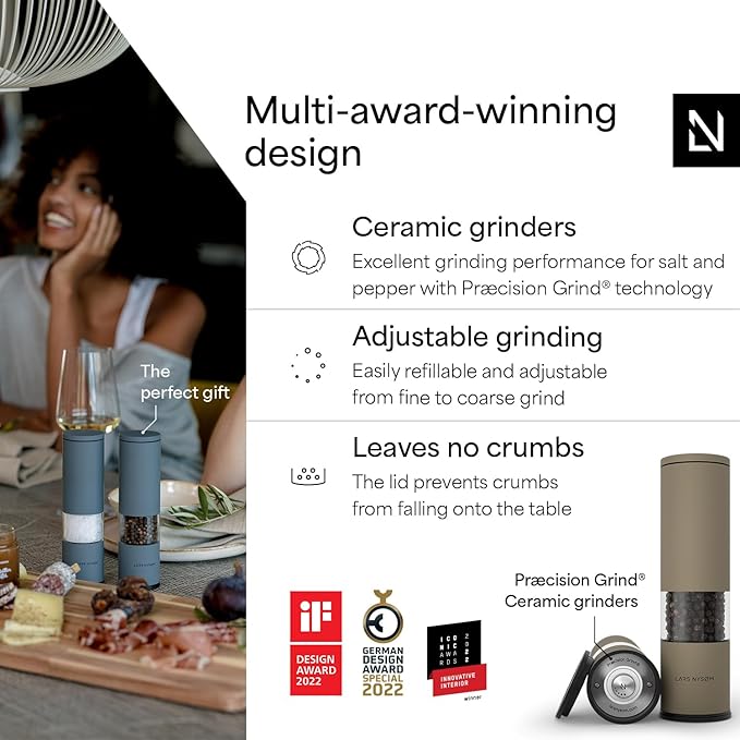 LARS NYSØM Salt and Pepper Grinder Set Manual, Stainless Steel Salt and Pepper Mills with Adjustable Ceramic Grinder I Design Spice Shakers (Taupe Brown)