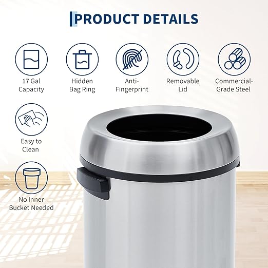 Garvee 17 gal/65 L Trash Can, Fingerprint-Proof Stainless Steel Open Top Garbage Can, Heavy Duty Commercial Round Trash Bin for Restaurant, Home, Office, Silver
