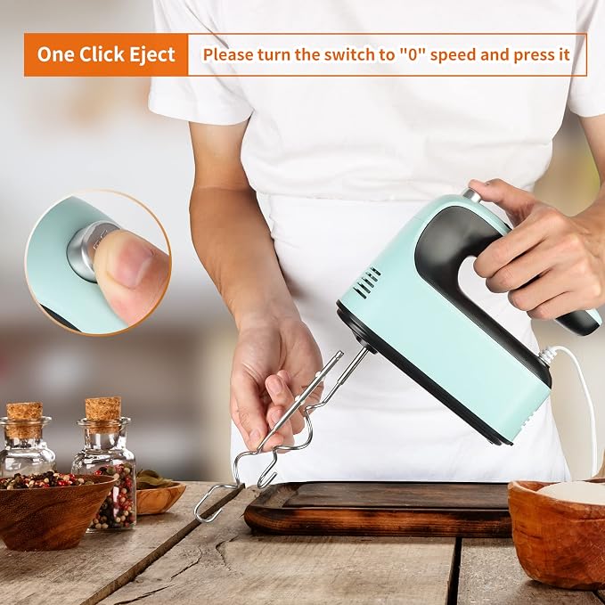 Yomelo 9-Speed Digital Hand Mixer Electric, 400W Powerful DC Motor, Hand Mixer Electric Handheld with Snap-On Storage Case, 5 Stainless Steel Accessories, Beaters, Dough Hooks, Whisk(Ice Blue/Black)