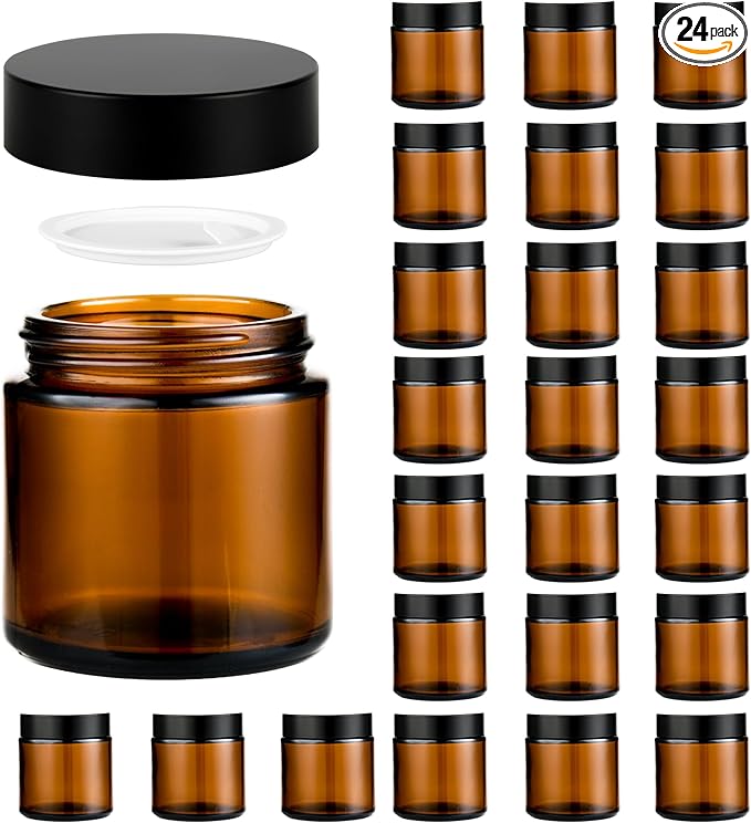 Glass Jars with Lids,Eco-Friendly Cosmetic Containers with Airtight Black Lids & Liners, Multi-Color Options for Cream, Lotion, Body Butter, DIY Skincare Travel Jars (Amber Frosted, 4oz)
