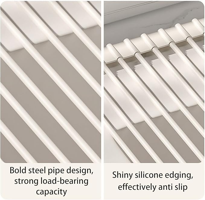 Silicone Non-Slip Dish Drying Rack, Drain Board Over the Kitchen Sink, Roll-Up Dish Rack Drainer, Rust-Resistant Drain Board(Grey,12 Short rods)