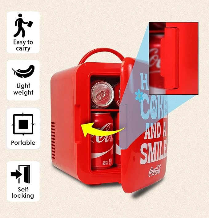 Coca-Cola Mini Fridge, 6-Can Portable AC/DC Thermoelectric Cooler & Warmer, Compact Dorm Fridge for Skincare, Office Desk, Car, RV, Countertop Beverage Storage, Retro Novelty Refrigerator