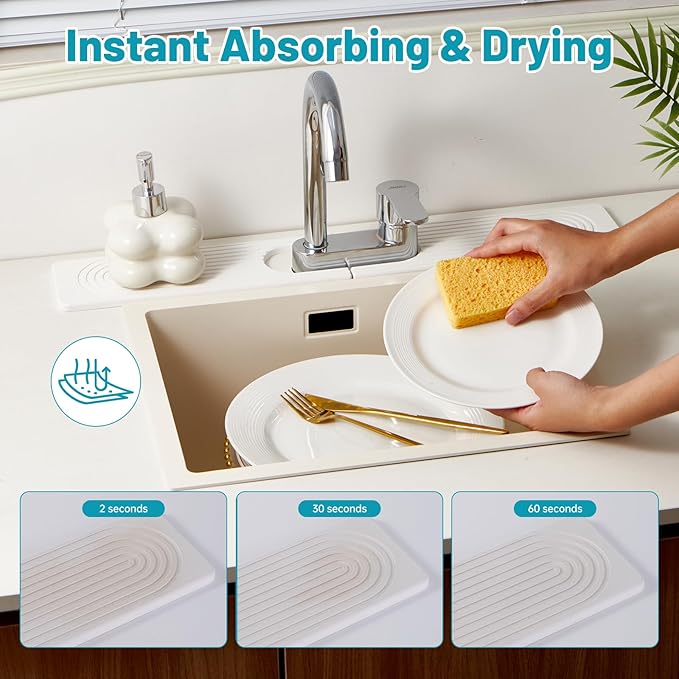 Stone Faucet Mat for Kitchen Sink with Oval Hole – 23.6" × 3.9" Diatomite Drying Stone Mat & Sink Protector, Quick-Dry Splash Guard Water-Absorbing Tray for Bathroom Counter（White.23.6 x 3.9）