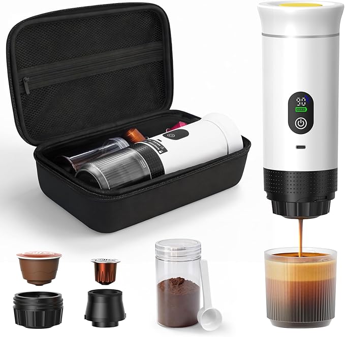 Portable Coffee Maker for Travel & Camping, Portable Espresso Maker with Bag, Rechargeable Cordless Battery Operated Coffee Makers for Ground Coffee, NS Capsule RV, Hiking, Office(White)