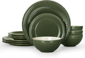 Famiware Garden 12-Piece Embossed Plates and Bowls Sets, Stoneware Reactive Glaze Dishes Dinnerware Set, Modern Rustic, Chip & Scratch Resistant, Microwave & Dishwasher Safe, Service for 4, Dark Green