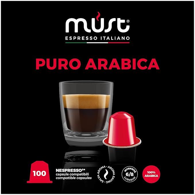 MUST, 100 Coffee Capsules in 100% Recyclable Aluminum, 100% Arabica Blend Intensity 6/8, 10 Packs of 10 Capsules, Compatible with Nespresso Machine, Made in Italy