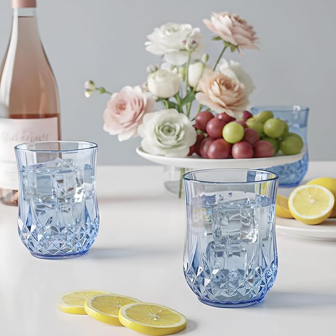 40 Pack Plastic Stemless Wine Glasses,12oz Unbreakable Vintage Elegant Drinking Glass Set,Reusable Fancy Cocktail Cups for Party, Wedding, and Bulk Events (40, 12oz-Blue)