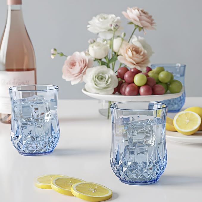12 Pack Plastic Stemless Wine Glasses,12oz Unbreakable Vintage Elegant Drinking Glass Set,Reusable Fancy Cocktail Cups for Party, Wedding, and Bulk Events (12, 12oz-Blue)
