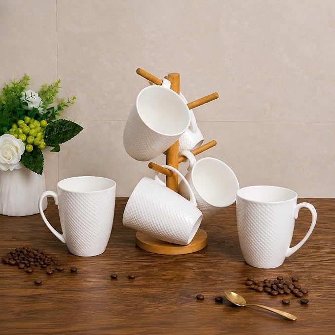 12 Oz Coffee Mugs Set of 6, Fine Bone China Mugs, White Ceramic Coffee Cups, Rhombus Relief Texture, Lightweight Tea Mugs for Latte, Hot Cocoa, Women, Men