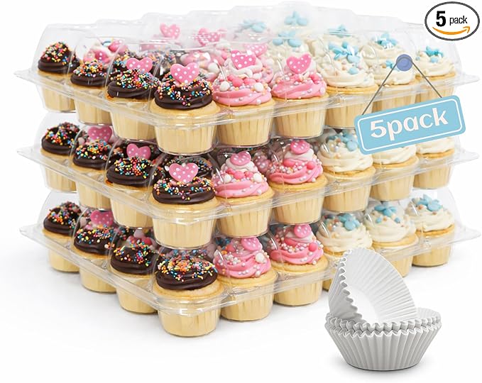 WIKDAY (24 Count x 5 Sets Plastic Cupcake Containers with Liners, Clear Cupcake Holder with Lids, Disposable Cupcake Carrier for Bakery, Cupcake Storage Box for Parties, Bake Sale Packaging