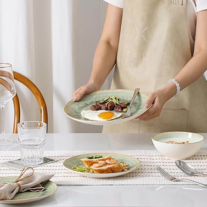 DOMICREVERY Ceramic Dinnerware Sets for 4, 12 Pieces Plates and Bowls Sets, Moss Green