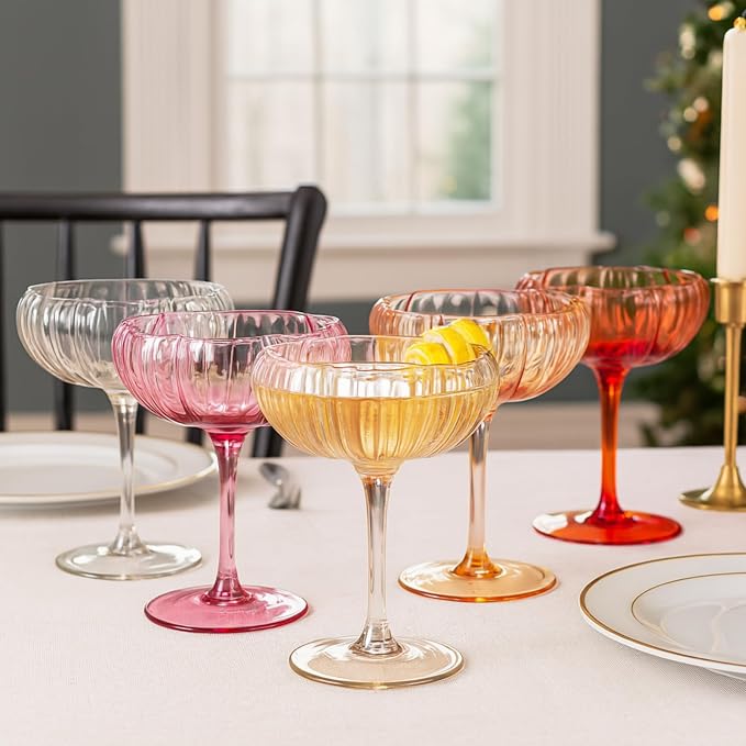 Khen Flower Vintage Wavy Glass Coupes Martini, Champagne & Cocktail Coupes - Set of 5-7oz Colorful Cocktail Glasses & Champagne, Prosecco, Mimosa Glassware Gift, Copyright Design - Summer Flora Coupes