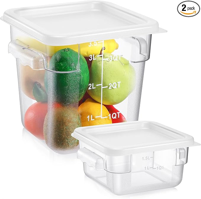 FoldTier 2 Pieces Square Food Storage Containers Polycarbonate Clear food Container with Lid Commercial Storage with Graduations for Commercial Kitchen Dough Marinating Meat (White,2 Qt,4 Qt)