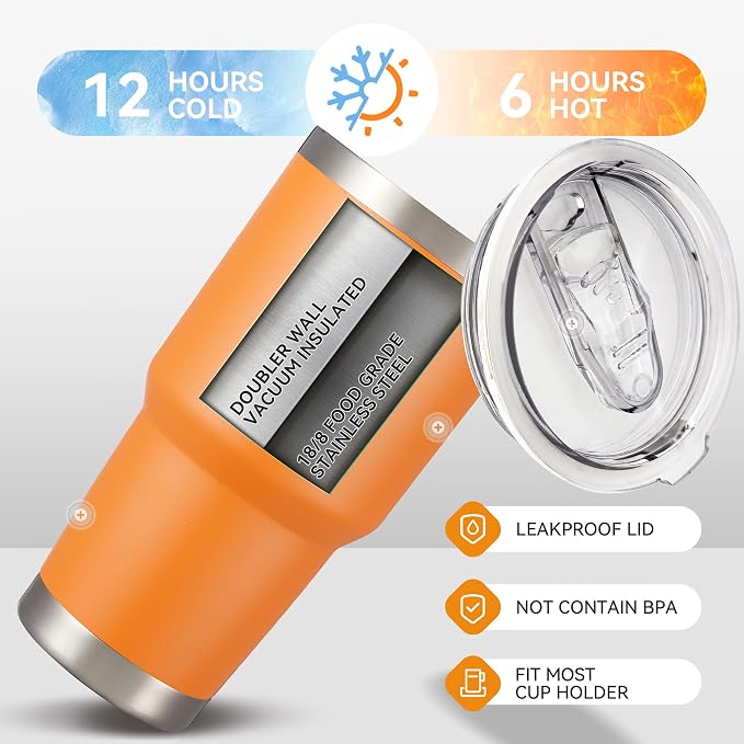 30 oz Tumbler with Lid Stainless Steel Tumblers Bulk Vacuum Insulated Cup Reusable Powder Coated Travel Mug Double Wall Leak Proof Cups Keep Cold Drinks for 12 Hours Orange, Set of 12