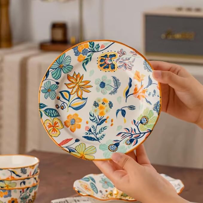 24-Piece Floral Pattern Ceramic Dinnerware Set (Service for 8) - High-Temp Fired, Microwave & Dishwasher Safe, Scratch-Resistant Kitchen Dining Plates Bowls Set