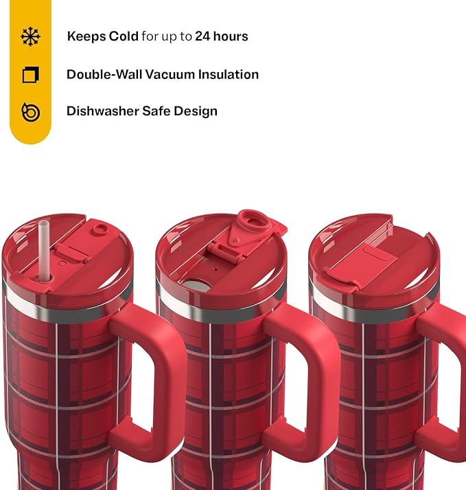 RTIC 30 oz Road Trip Tumbler Double-Walled Ceramic Lined InsulatedStainless Steel Portable Travel Coffee Mug Cup with Lid, Handle and Straw, Red Plaid