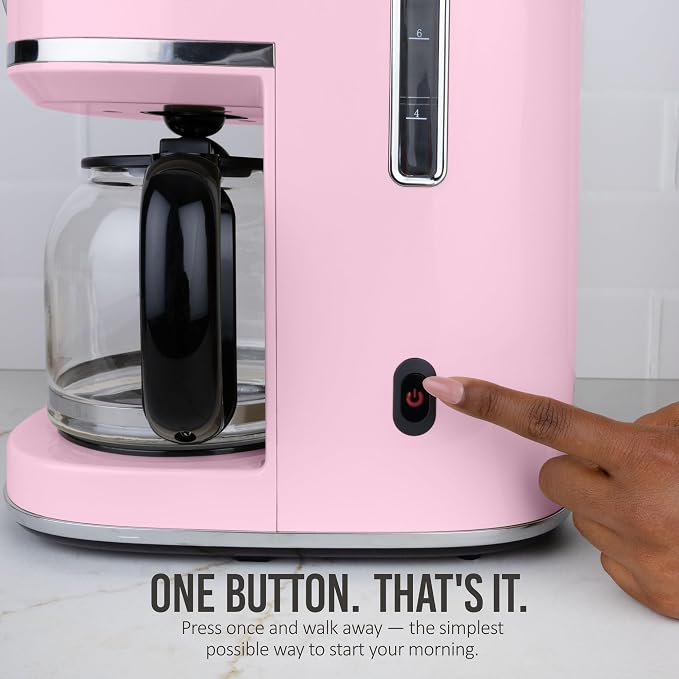 Nostalgia Classic Retro 10 Cup Coffee Maker - One-Touch Drip Brew, Reusable Filter - Anti-Drip, Auto Shutoff, & Time Display - Dishwasher Safe 50 oz Carafe - Pink