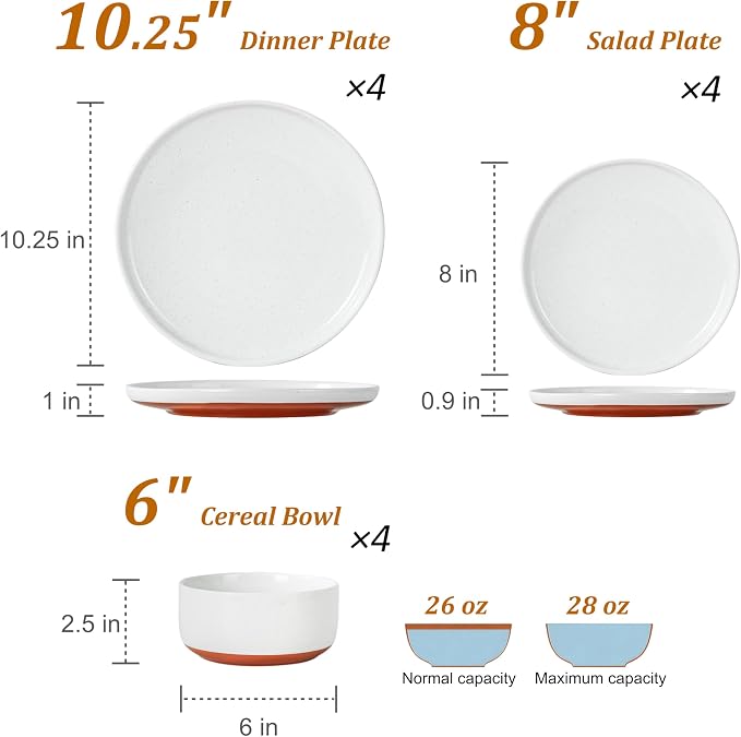 12 Piece Ceramic Plates and Bowls Sets for 4, Elegant White | Stoneware Dinnerware Set, Dishwasher & Microwave Safe, Handcrafted, Perfect for Family and Gatherings