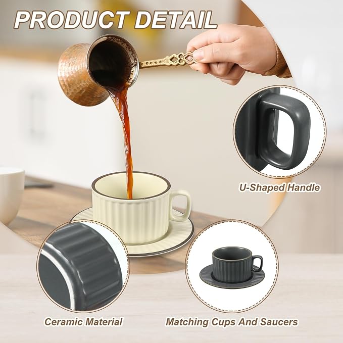 uxcell Handmade Vintage Espresso Cups, 8 oz Coffee Cups and Saucers Ceramic Tea Cup with Handle Dishwasher and Microwave Safe for Latte Cappuccino Milk Office Home Gifts, Gray