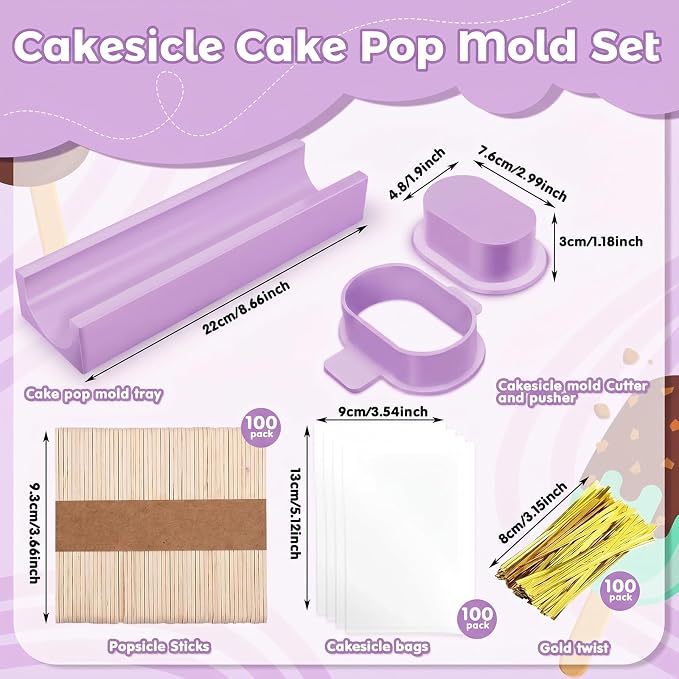 3 Inch Cakesicle Cutter and Cake Pop Mold Set with 8.7in Tray, 100 Wooden Sticks & 100 Bags, Silicone Cakesicle Mold for Homemade Cake Pops, Baking, Birthdays and Party Desserts (Purple)