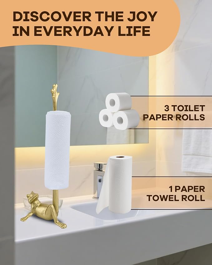 16.5" Golden Frog Paper Towel Holder for Bathroom & Kitchen - Whimsical Cast Iron Free Standing Paper Roll Holder, Decorative Toilet Paper Stand with Weighted Base