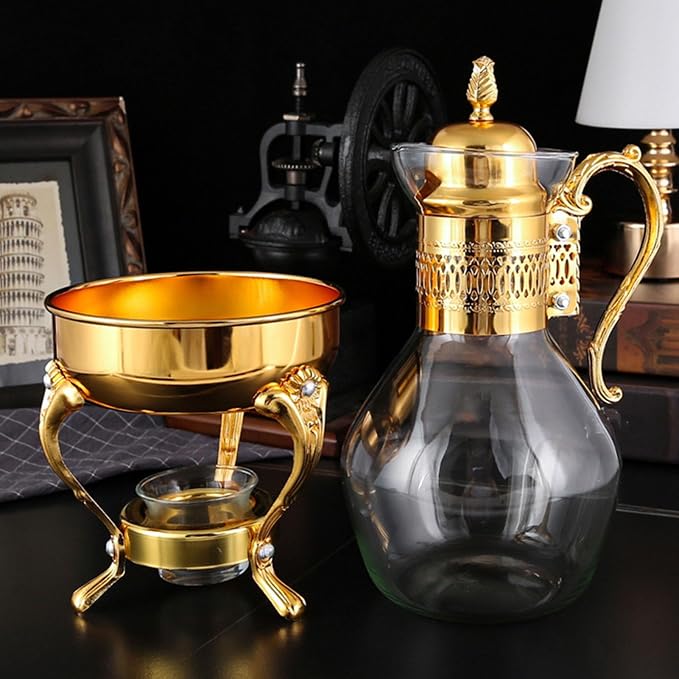Glass Tea Pot with Warmer, 50 oz Vintage Espresso Kettle Heated Glass Coffee Pot with Handle, Heat Resistant Turkish Coffee Pitcher Teapot for Home Office Cafe Use (Gold)