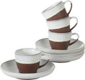 Gibson Elite William Crest 8 Piece Cup & Saucer Set, 4 Stoneware Cups & 4 Saucers, Reactive Glaze Finish, 3.5oz Espresso Cups, 5.5” Saucers, Round Coffee Set, Microwave & Dishwasher Safe - Ash White