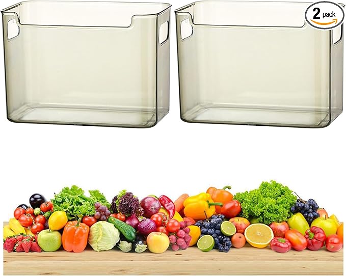 2/4/6/8 Pcs Crystal Clear Freezer Storage Bins, Freezer Organizer Bins, Clear Plastic Bins, Stackable Kitchen Cabinet Organizer with Handles for Frozen Food, Meat & Veggies (2, Green, L)