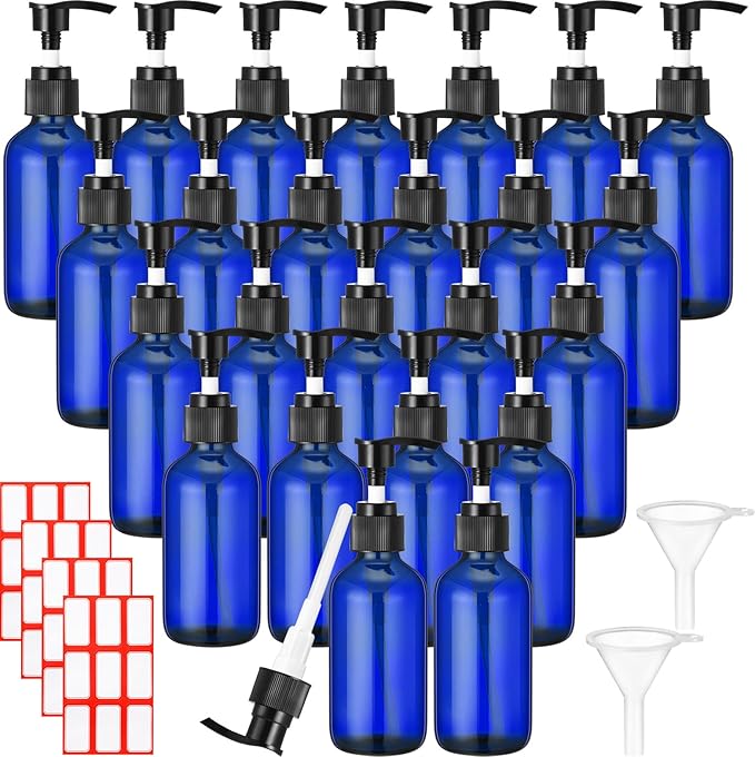 Tanlade Glass Pump Bottle Dispenser 4 oz Travel Bottles with Pump Refillable Glass Containers for Toiletries Lotion Liquid Soap Shampoo Essential Oils Cosmetic Travel Accessories (Blue,24 Pcs)