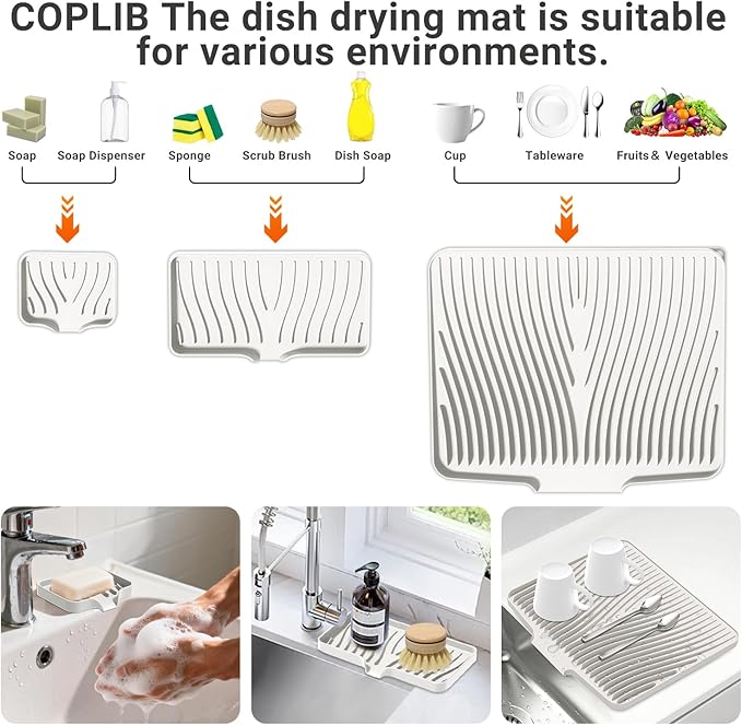 Silicone Dish Drying Mat for Kitchen Counter, Dish Drying Pad, Non-Slip Drain Pad with Built-in Drain, Heat Resistant Stone Drying Mat